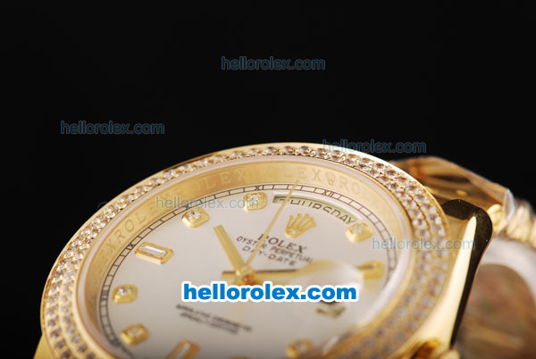 Rolex Day-Date II Automatic Movement Full Gold with Double Row Diamond Bezel-Silver Dial and Diamond Markers - Click Image to Close